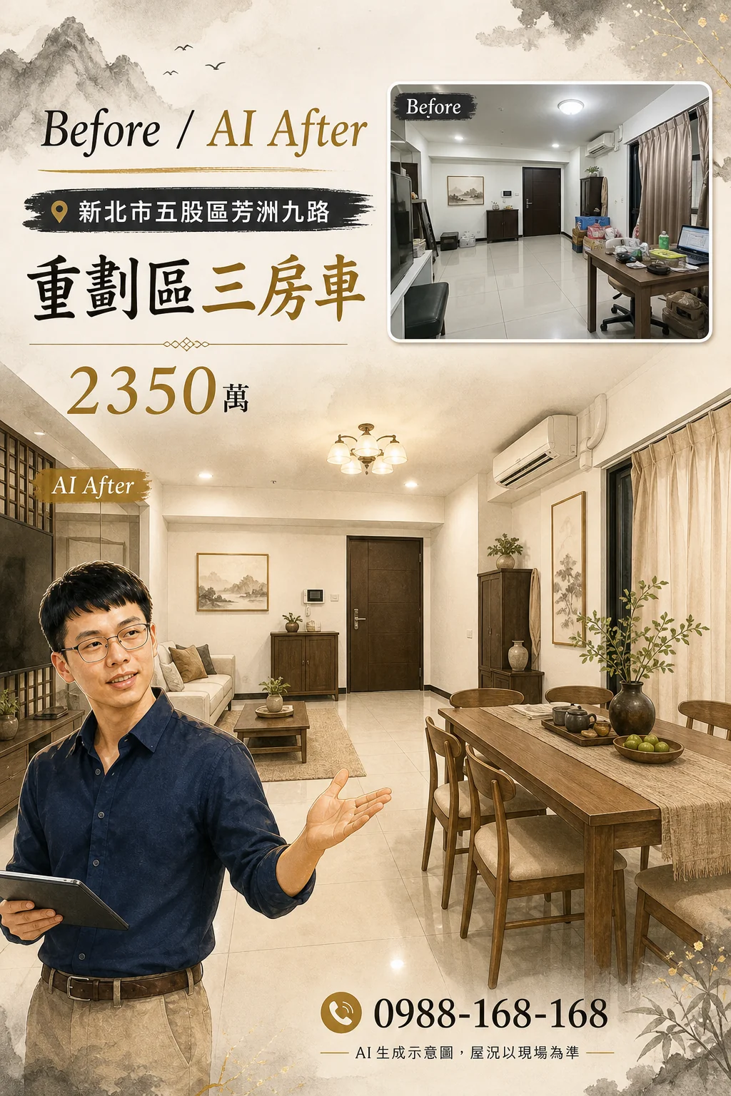新北五股芳洲九路・重劃區三房・新中式水墨風 AI 帶看成品（AI 生成示意）