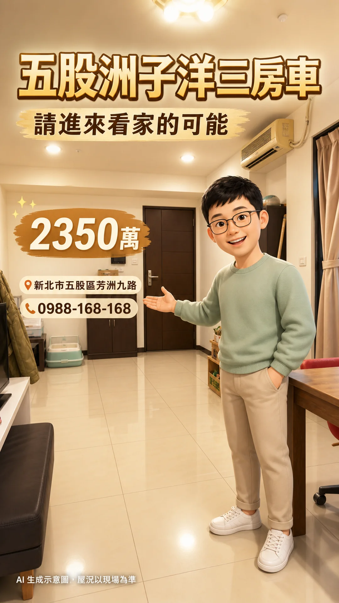 五股洲子洋三房・3D 立體風 AI 帶看成品（AI 生成示意）