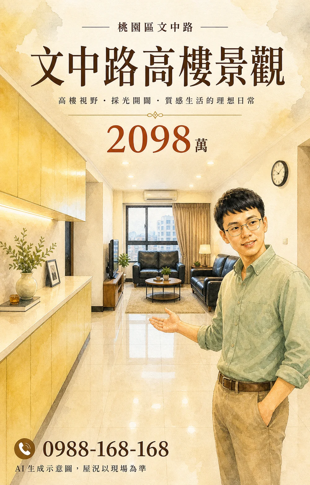 同一物件・日系暖水彩風（AI 生成示意）